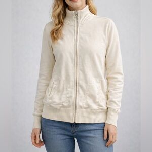 BEA Classics Cream Zip Front Sweater Jacket Ribbed Collar Pockets Medium